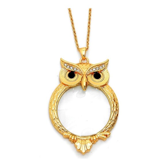 Goldtone Wise Owl Magnifying Glass Pendant Necklace - Picture 2 of 3